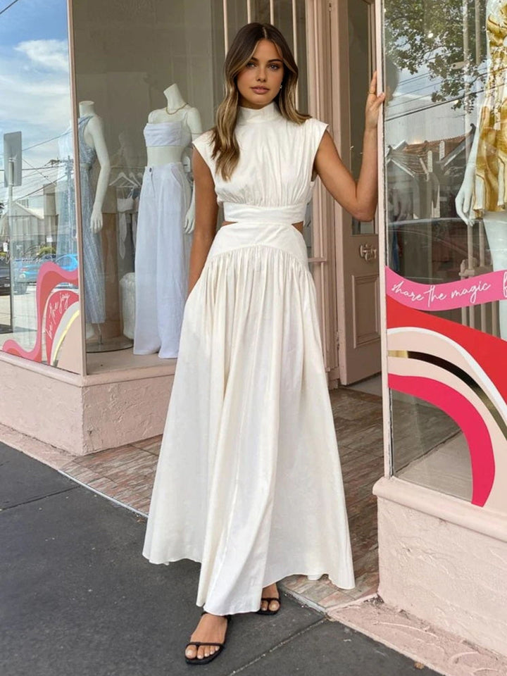 Women's Pleated Satin Cutout High Neck Evening Maxi Dress