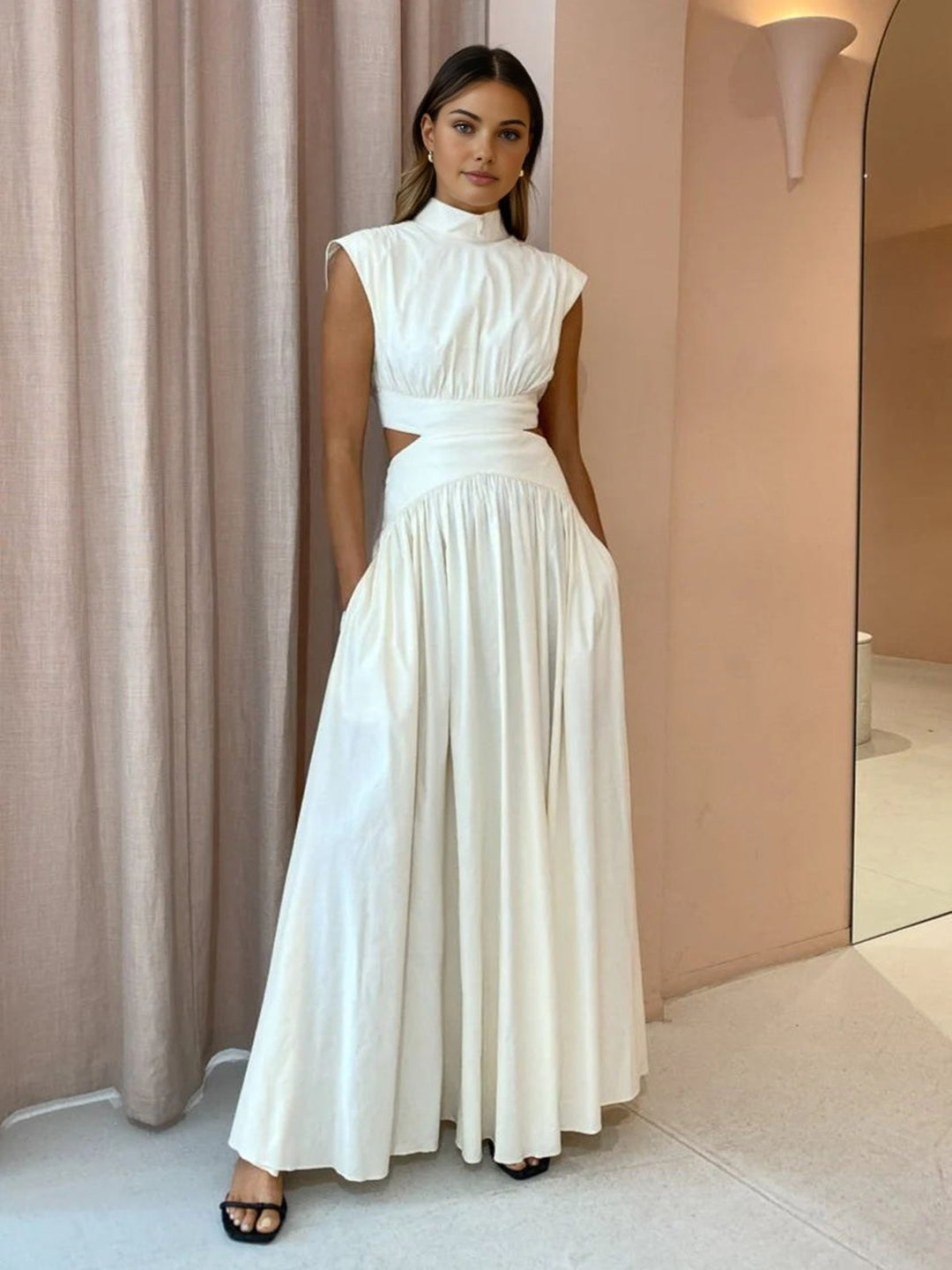 Women's Pleated Satin Cutout High Neck Evening Maxi Dress