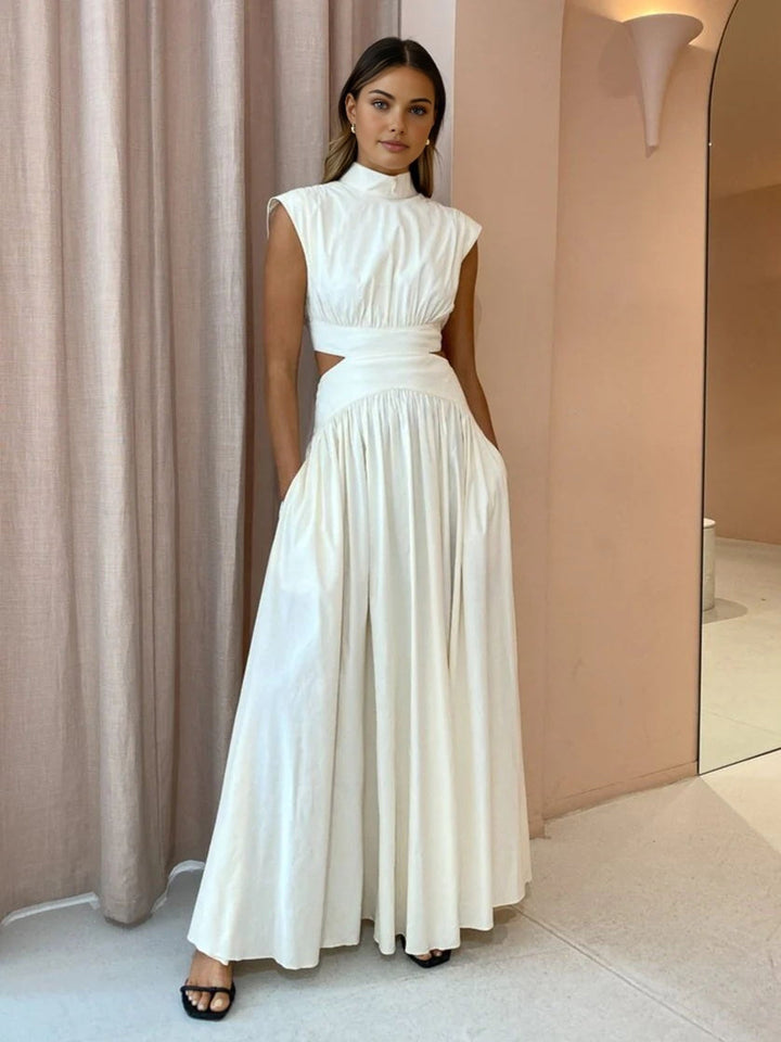 Women's Pleated Satin Cutout High Neck Evening Maxi Dress