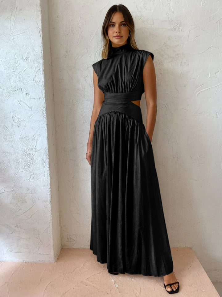 Women's Pleated Satin Cutout High Neck Evening Maxi Dress