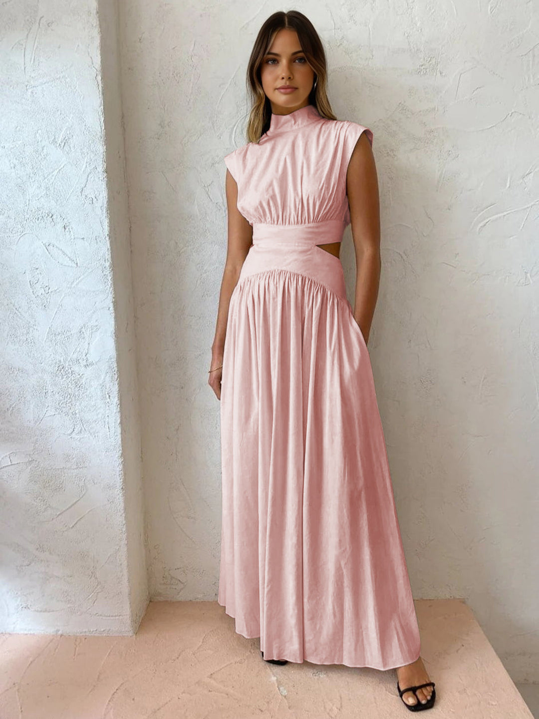 Women's Pleated Satin Cutout High Neck Evening Maxi Dress