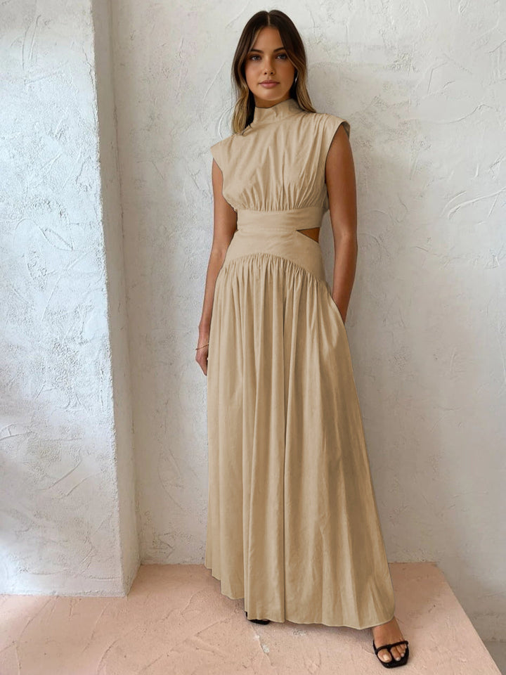 Women's Pleated Satin Cutout High Neck Evening Maxi Dress
