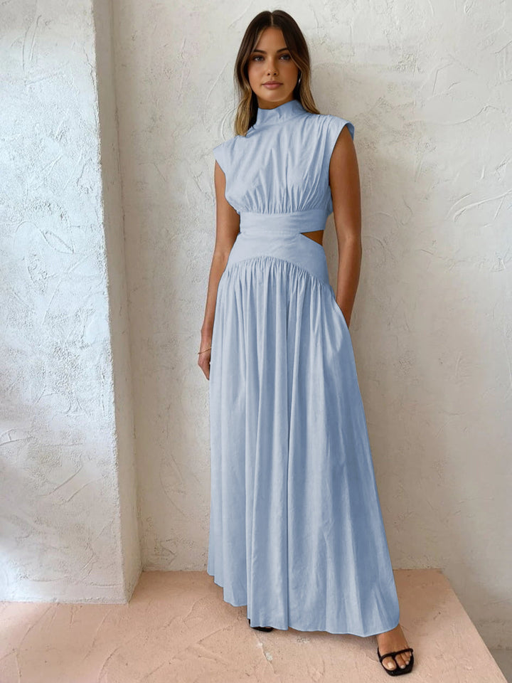 Women's Pleated Satin Cutout High Neck Evening Maxi Dress