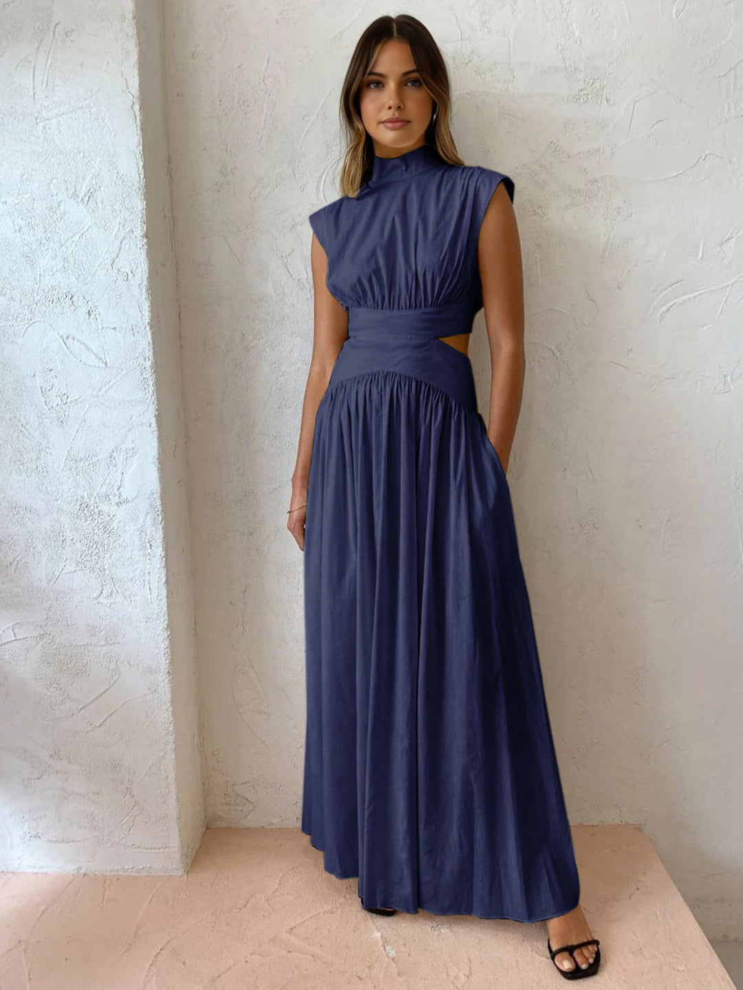 Women's Pleated Satin Cutout High Neck Evening Maxi Dress