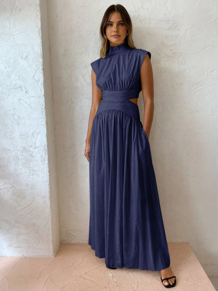 Women's Pleated Satin Cutout High Neck Evening Maxi Dress