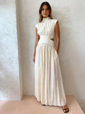 Women's Pleated Satin Cutout High Neck Evening Maxi Dress