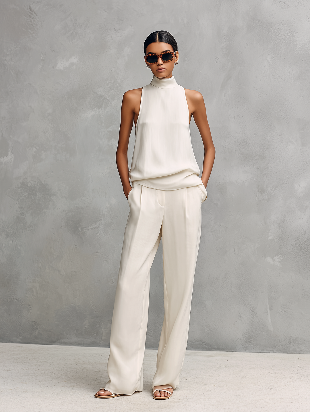 Women's Linen Halter Neck Wide Leg Trousers Two-Piece Set