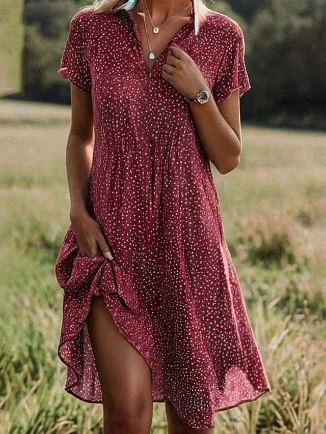 Summer Cotton Shirt Dress Midi Short Sleeve Shirtwaist Dress