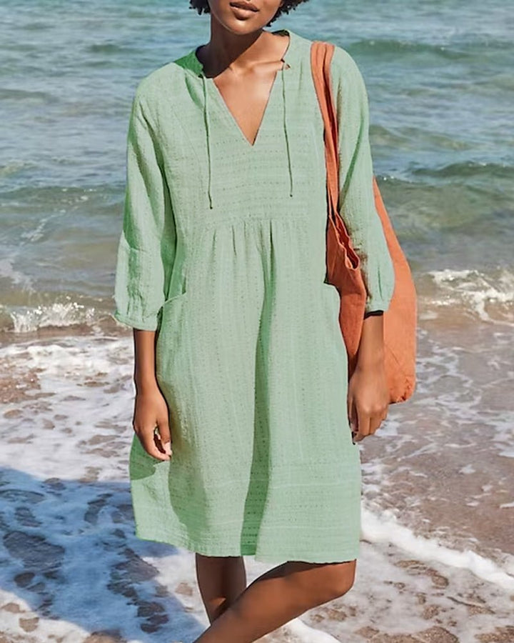Women's Linen V-Neck Tunic Casual Loose Fit Knee Length Dress