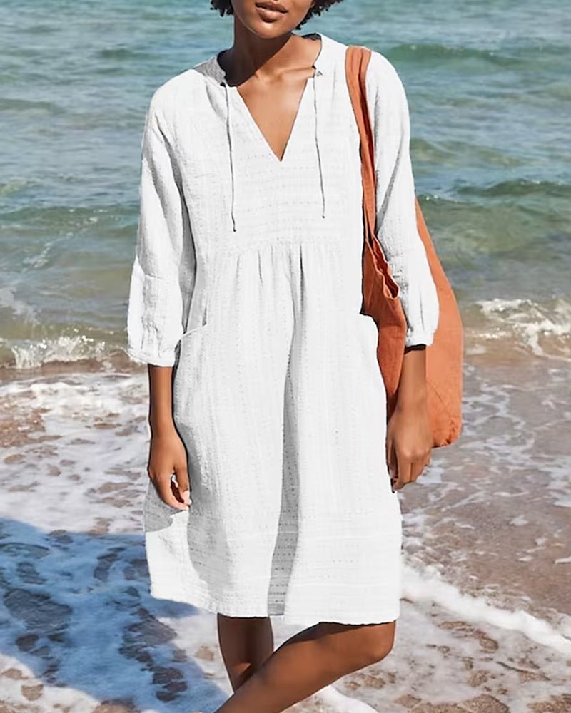 Women's Linen V-Neck Tunic Casual Loose Fit Knee Length Dress