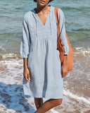 Women's Linen V-Neck Tunic Casual Loose Fit Knee Length Dress