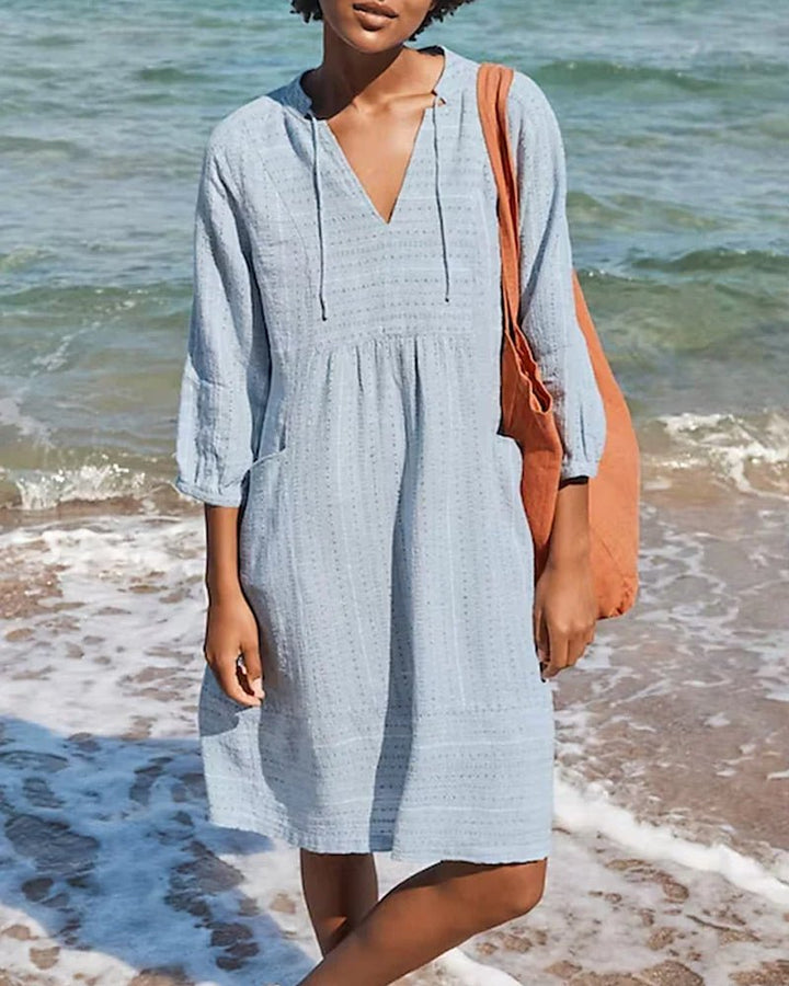 Women's Linen V-Neck Tunic Casual Loose Fit Knee Length Dress