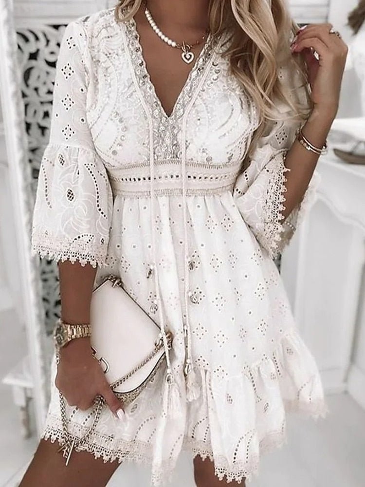 Women’s Linen-Blend V-Neck Tiered Mini Dress