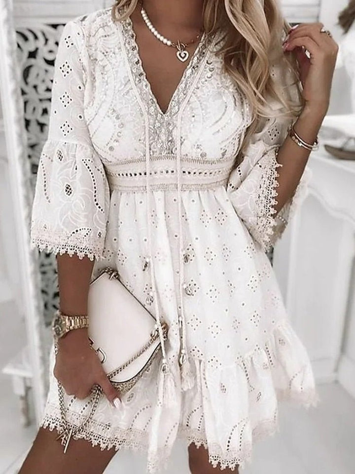 Women’s Linen-Blend V-Neck Tiered Mini Dress
