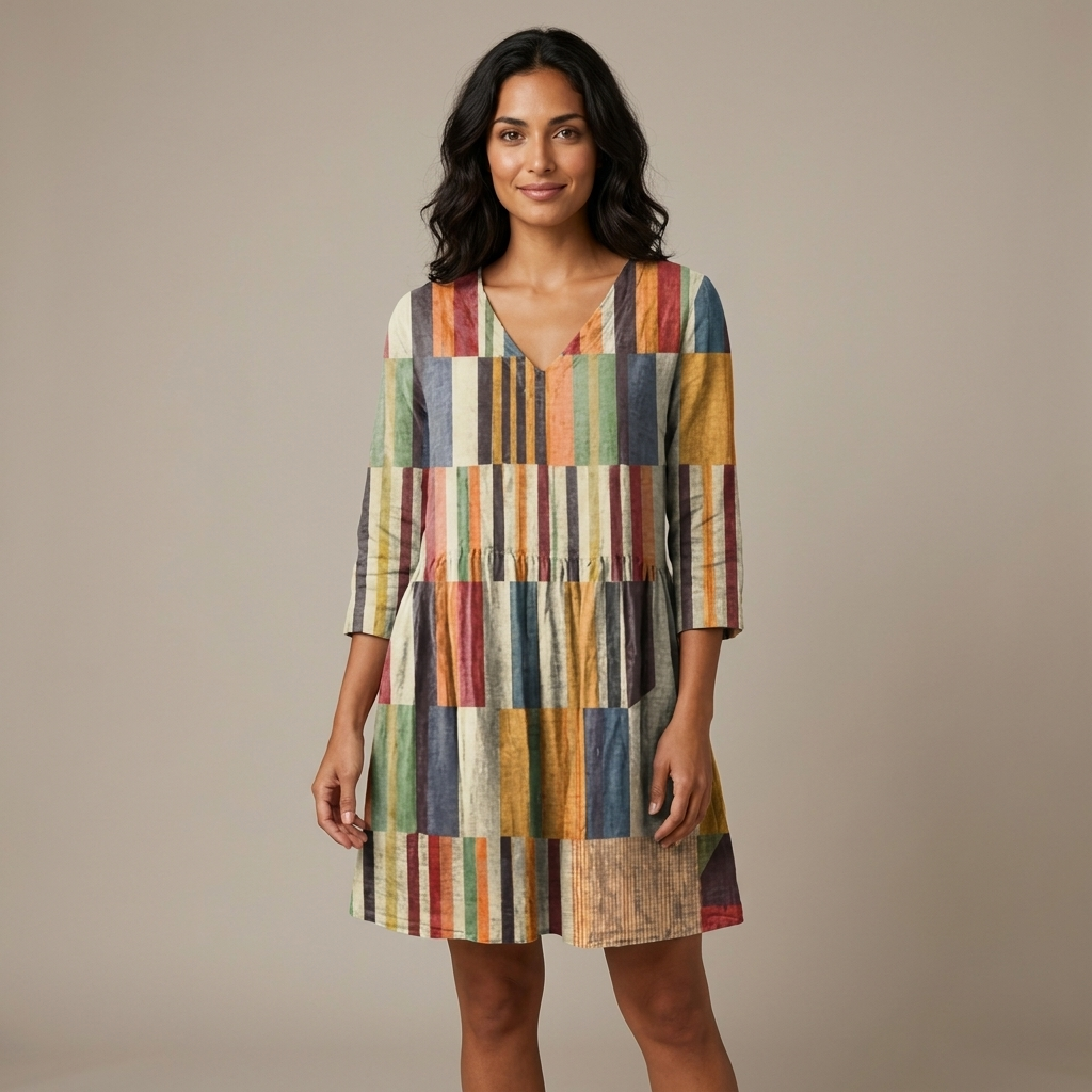 Women's Striped Printed Linen V-Neck Tiered A-Line Mini Dress