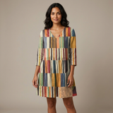 Women's Striped Printed Linen V-Neck Tiered A-Line Mini Dress