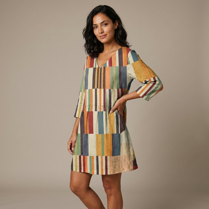 Women's Striped Printed Linen V-Neck Tiered A-Line Mini Dress
