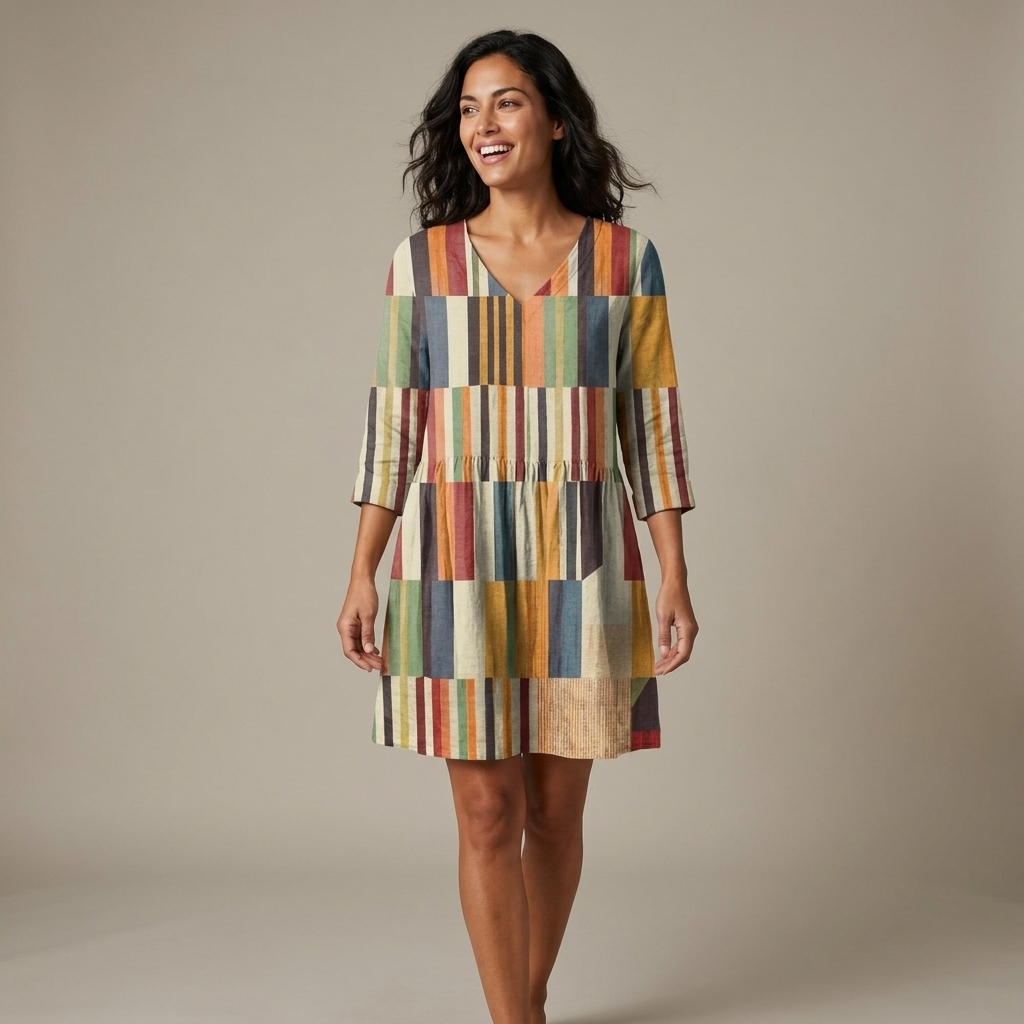 Women's Striped Printed Linen V-Neck Tiered A-Line Mini Dress