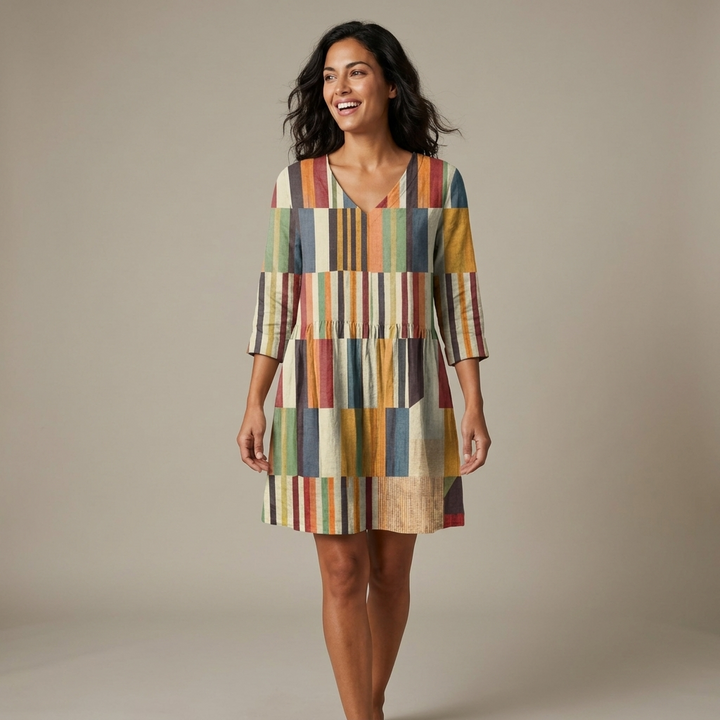 Women's Striped Printed Linen V-Neck Tiered A-Line Mini Dress