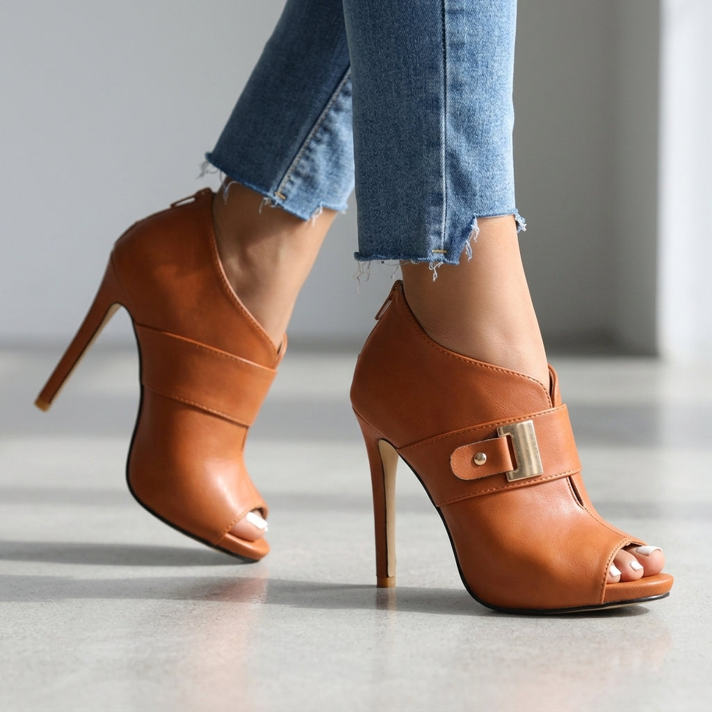 Peep Toe Ankle Boots Women's Leather High Heel Stilettos