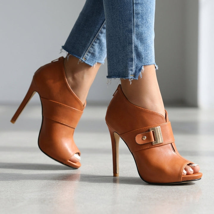 Peep Toe Ankle Boots Women's Leather High Heel Stilettos