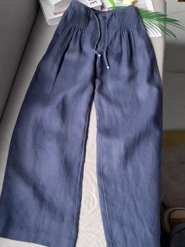Women Wide Leg Linen Blend Trousers High Waist Smocked Culottes Pants