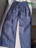 Women Wide Leg Linen Blend Trousers High Waist Smocked Culottes Pants
