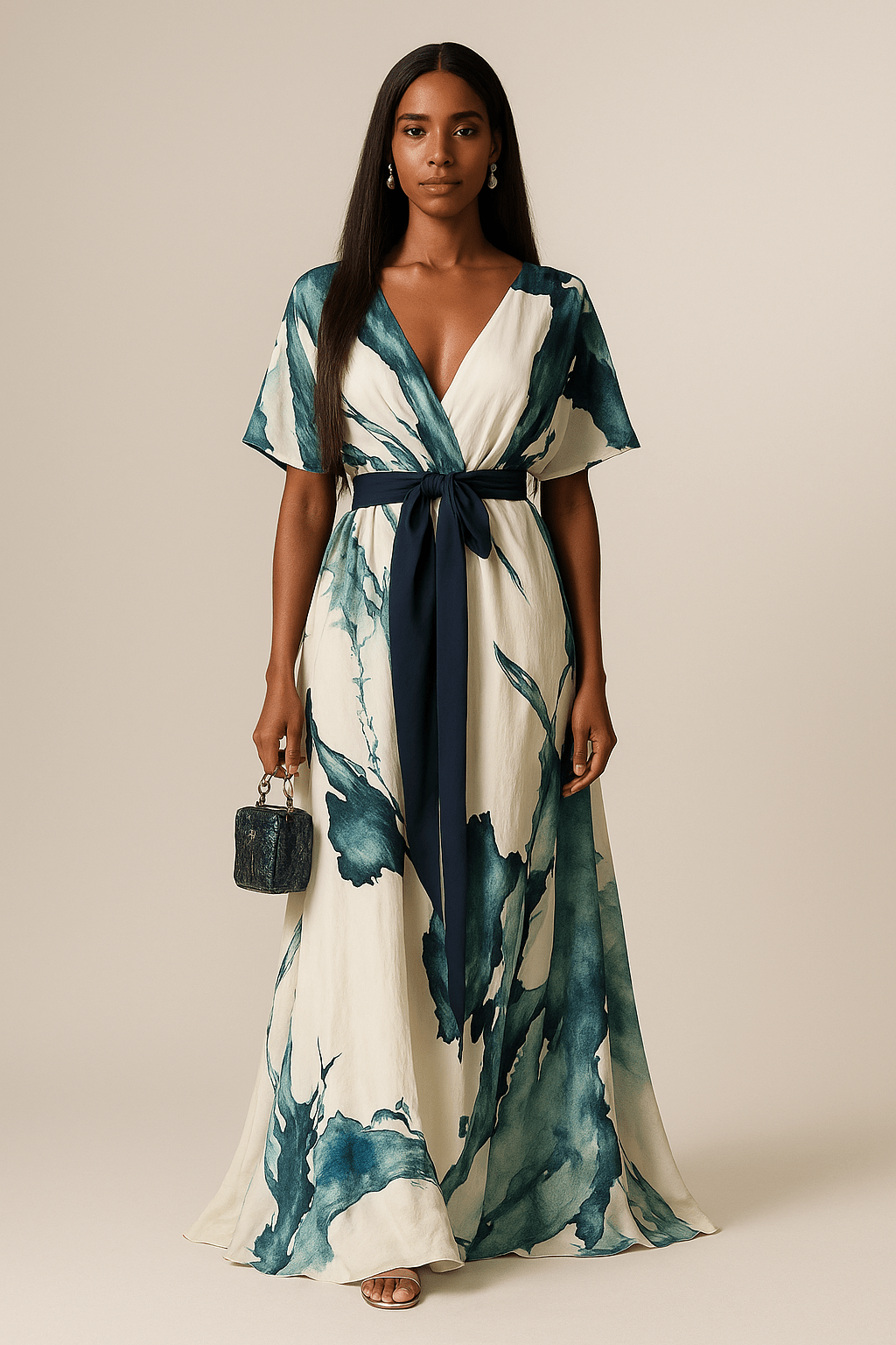 Women's Silk V-Neck Abstract-Print Belted Maxi Dress