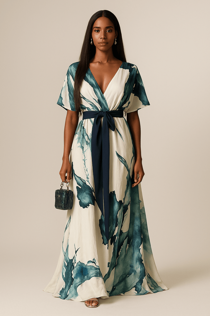 Women's Silk V-Neck Abstract-Print Belted Maxi Dress