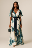 Women's Silk V-Neck Abstract-Print Belted Maxi Dress