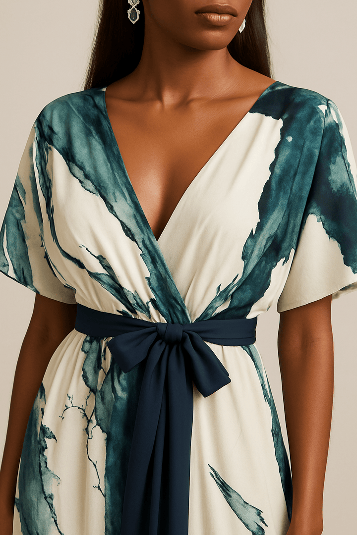 Women's Silk V-Neck Abstract-Print Belted Maxi Dress