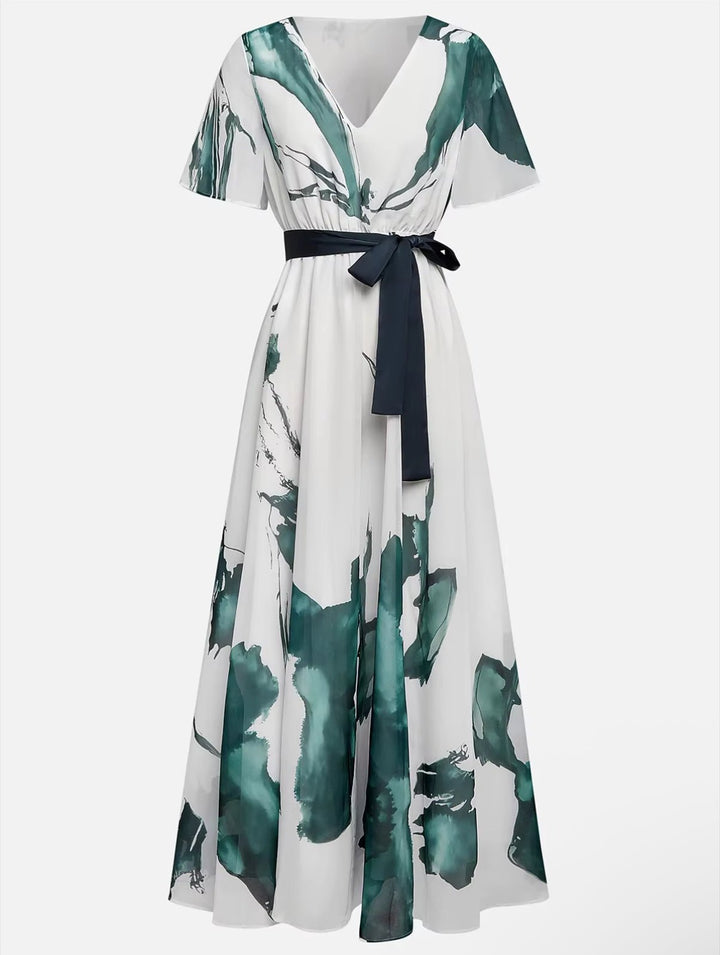 Women's Silk V-Neck Abstract-Print Belted Maxi Dress