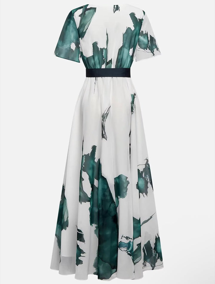 Women's Silk V-Neck Abstract-Print Belted Maxi Dress