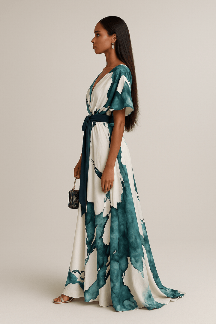 Women's Silk V-Neck Abstract-Print Belted Maxi Dress