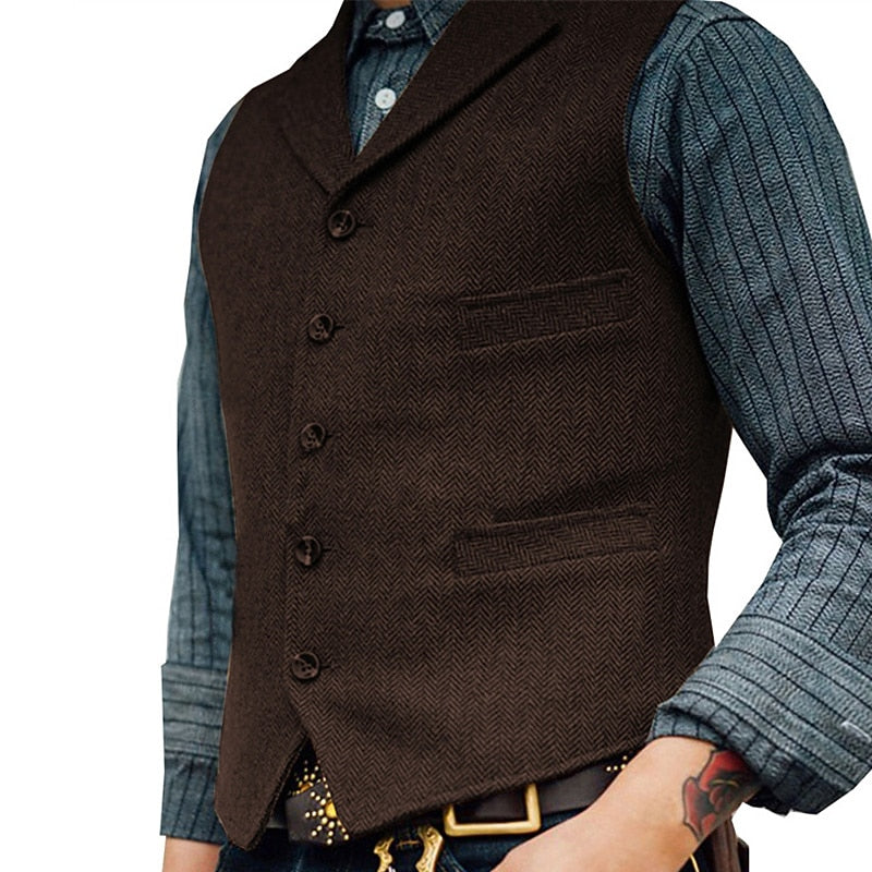 Men's Wool Tweed Waistcoat Vintage Notch Lapel Vest