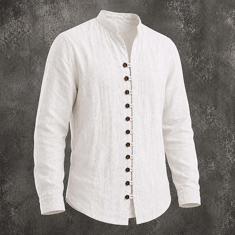 Men's Linen Grandad Shirt Long Sleeve Band Collar Top
