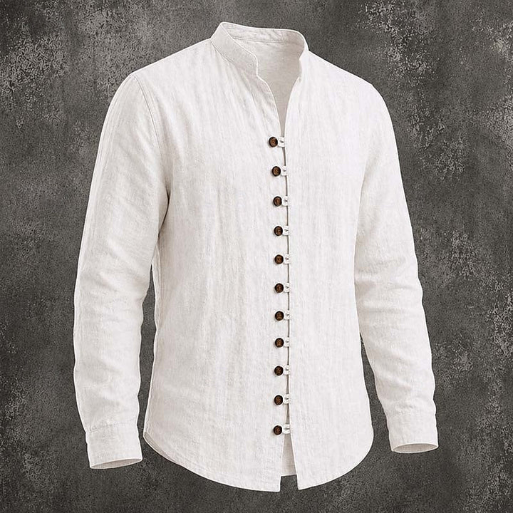 Men's Linen Grandad Shirt Long Sleeve Band Collar Top