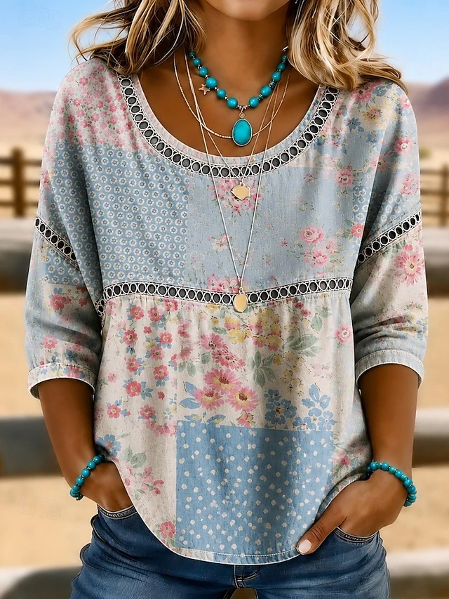 Dámská boho lněná halenka s 3/4 rukávy a potiskem