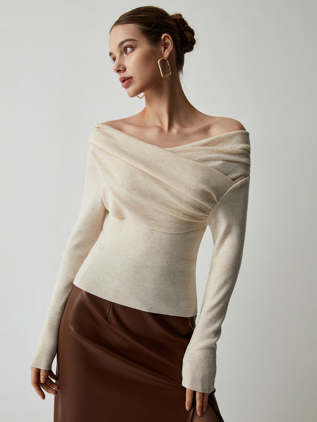 Women's Off Shoulder Knit Sweater Merino Wool Top