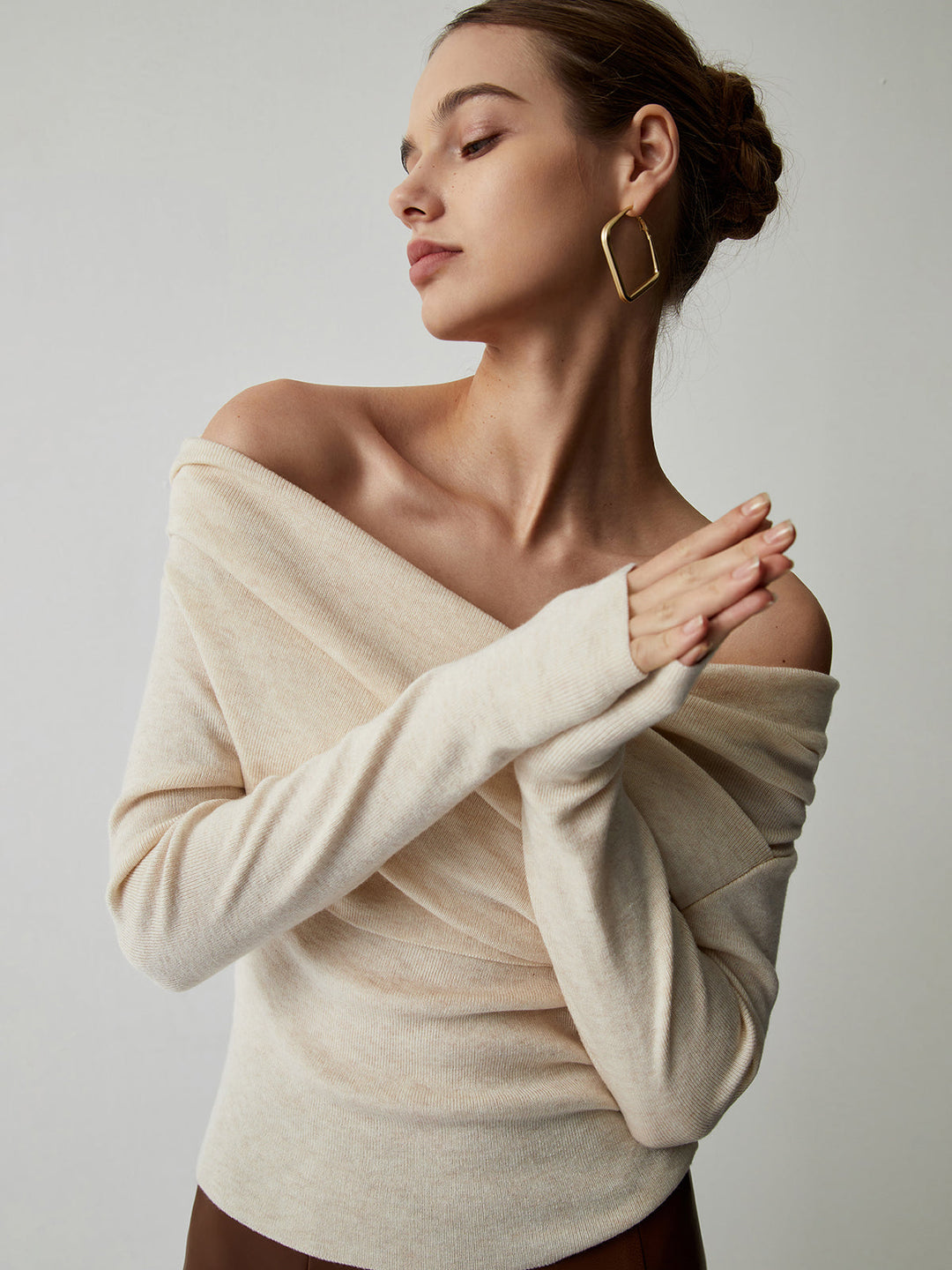 Women's Off Shoulder Knit Sweater Merino Wool Top