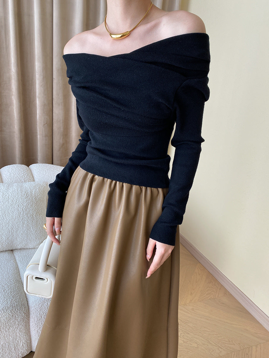 Women's Off Shoulder Knit Sweater Merino Wool Top