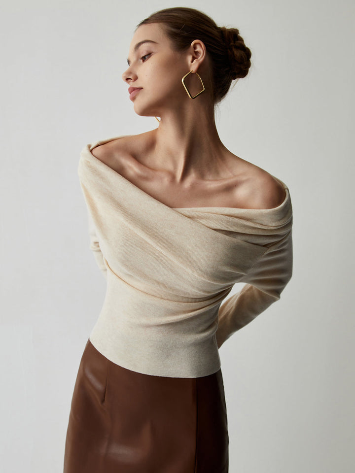 Women's Off Shoulder Knit Sweater Merino Wool Top