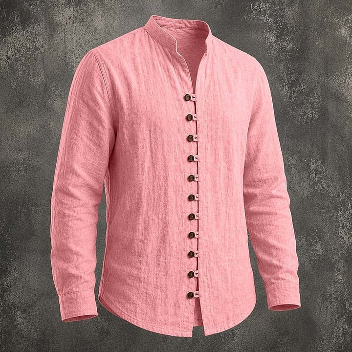 Men's Linen Grandad Shirt Long Sleeve Band Collar Top