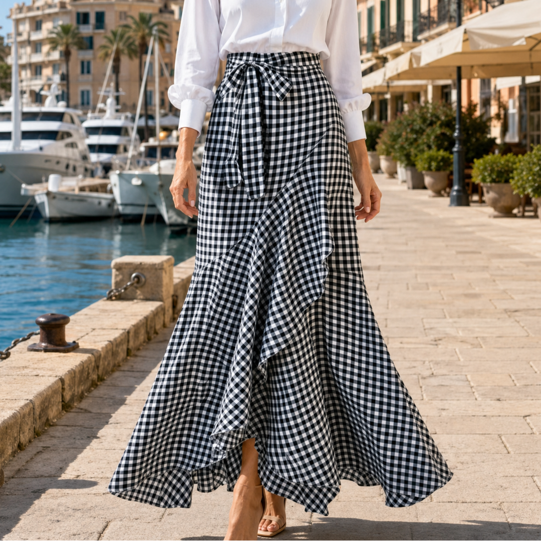 Női lenvászon gingham fodros, magas derekú, kockás maxi szoknya, bokáig érő fazon
