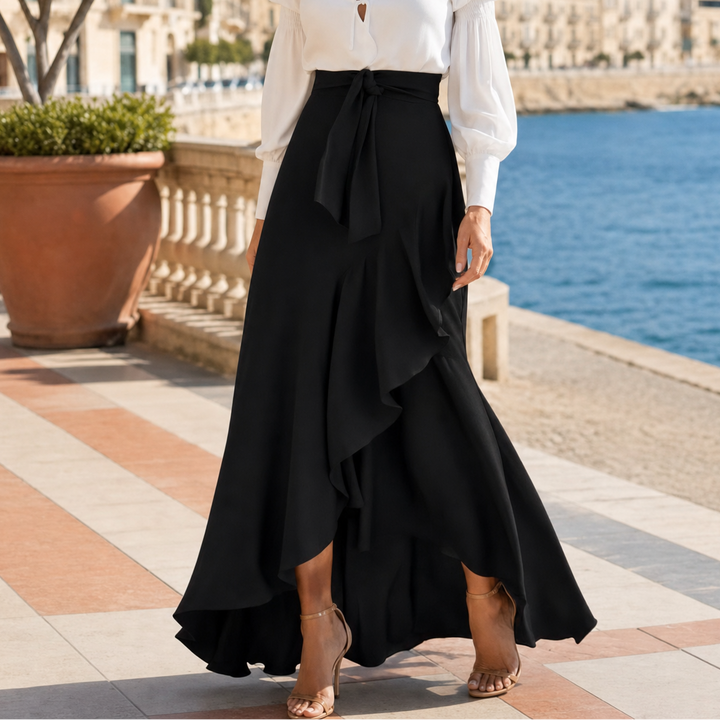 Női lenvászon gingham fodros, magas derekú, kockás maxi szoknya, bokáig érő fazon