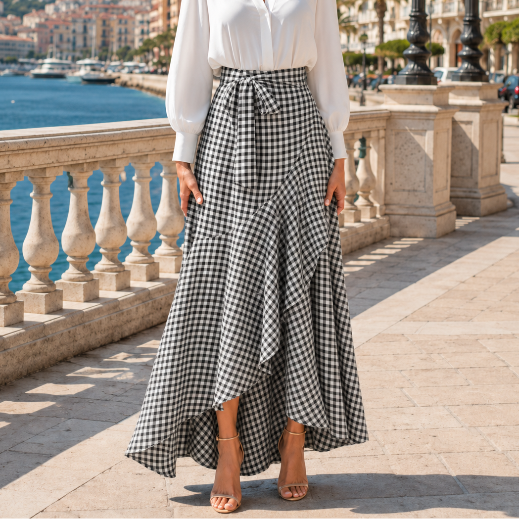 Női lenvászon gingham fodros, magas derekú, kockás maxi szoknya, bokáig érő fazon