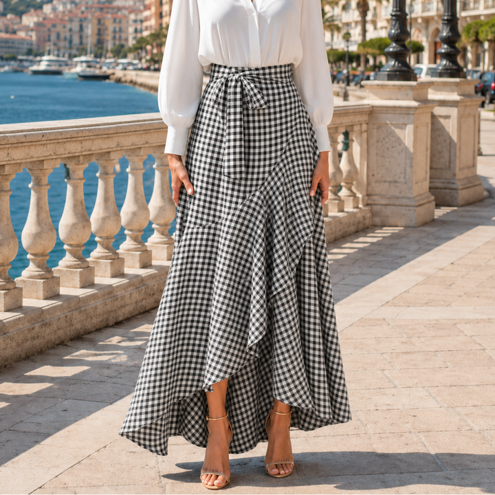 Női lenvászon gingham fodros, magas derekú, kockás maxi szoknya, bokáig érő fazon