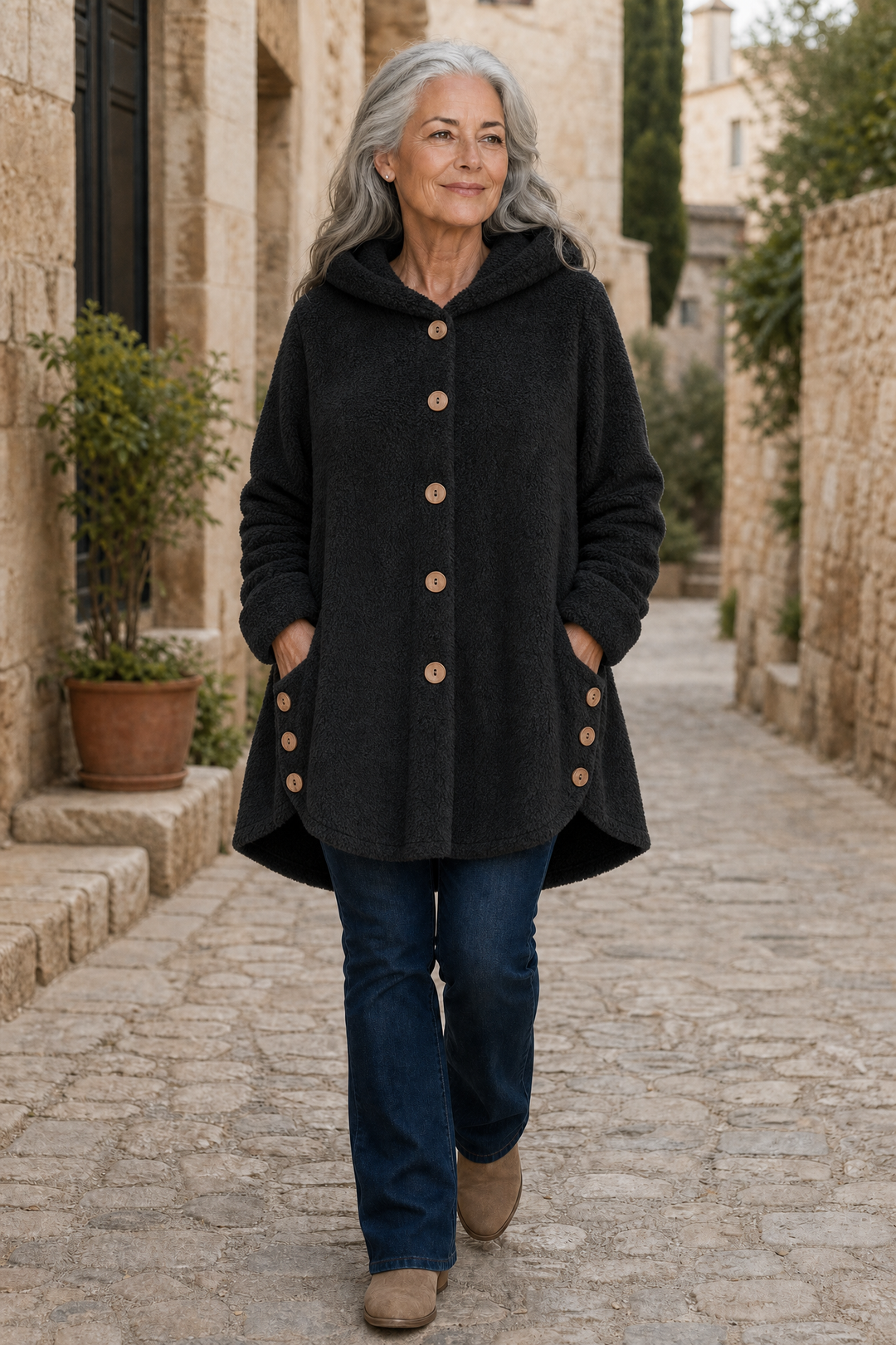 Women's Fleece Hooded Jacket Longline Warm Loose Coat Outerwear
