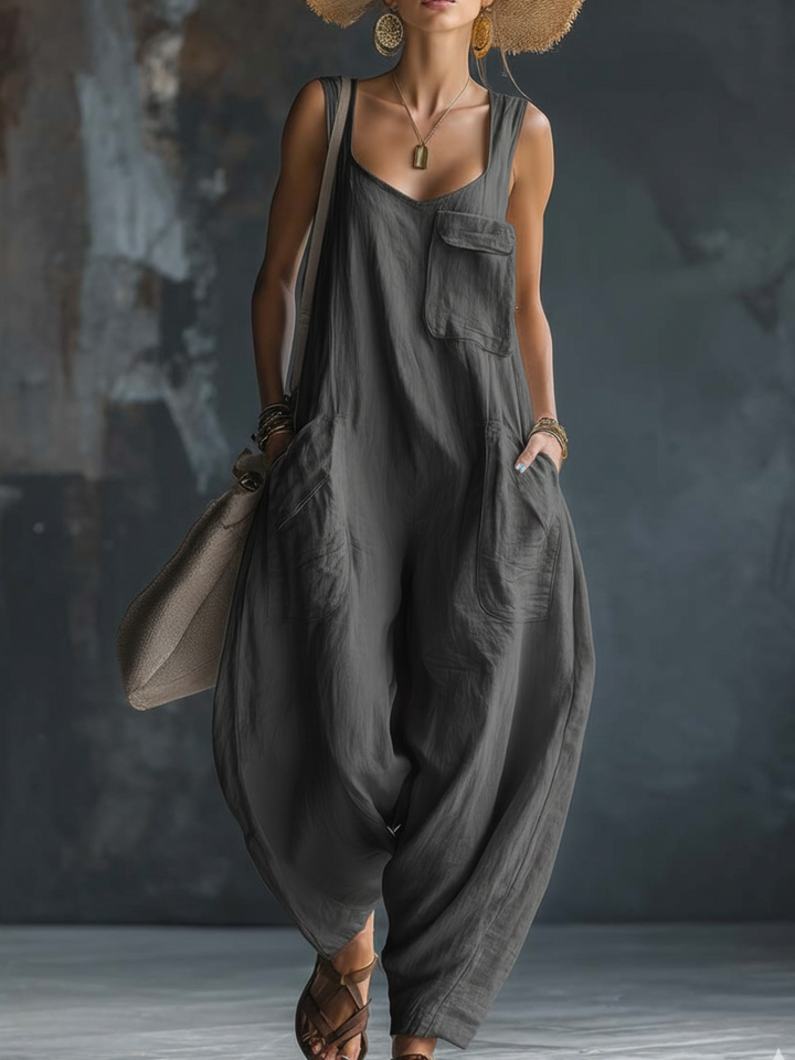 Women's Linen Jumpsuit Loose Fit Sleeveless Harem Dungarees Play-suit