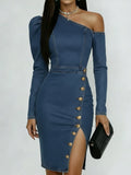 Women Denim One Shoulder Bodycon Midi Dress